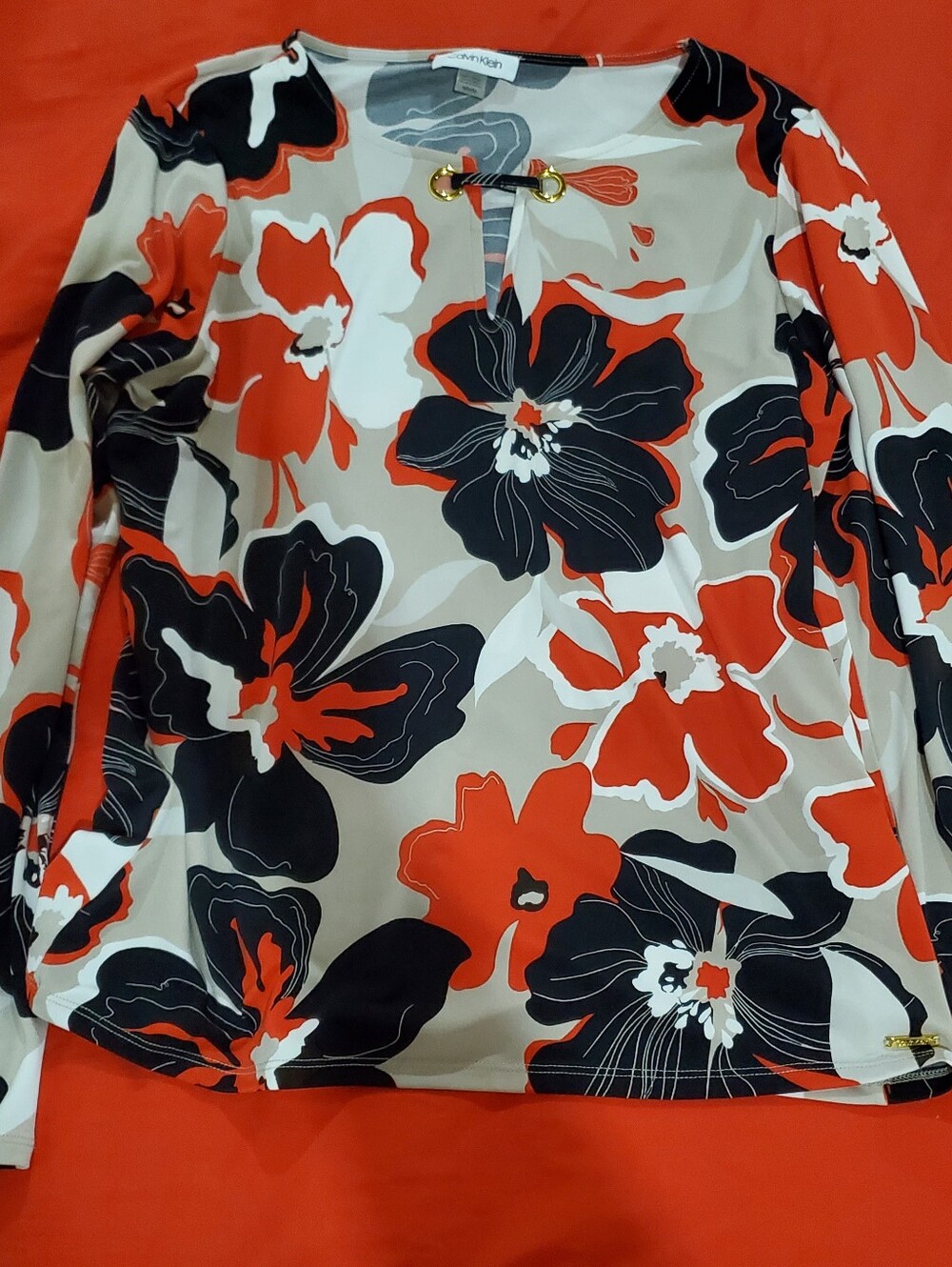 Calvin Klein Retro Floral Keyhole Blouse • M
